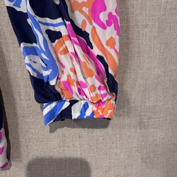 Lilly Pulitzer Silk Floral Blouse Women’s Small Navy Pink Orange Long Sleeve Top - Picture 4 of 7